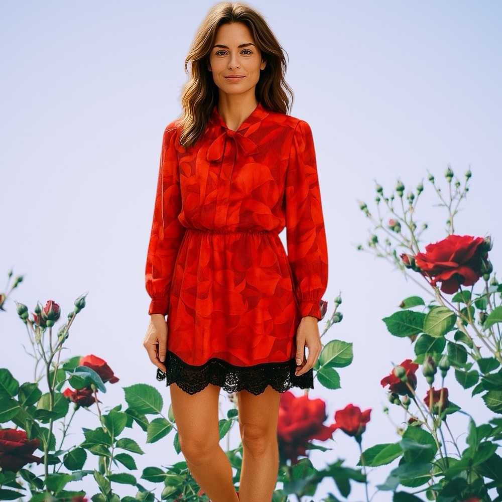 Ny&c red flowing dress with black lace hem and tie neck! Nwt
